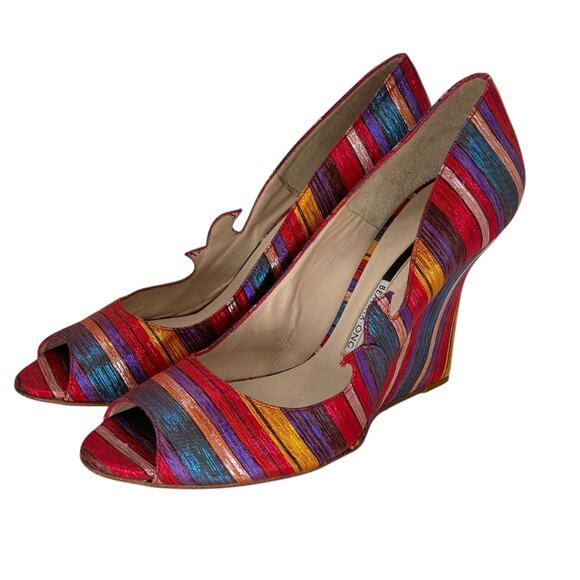 Beatrix Ong Satin Striped Wedge Heel Women's SZ 39 Rainbow Art Luxury Whimsy Fun